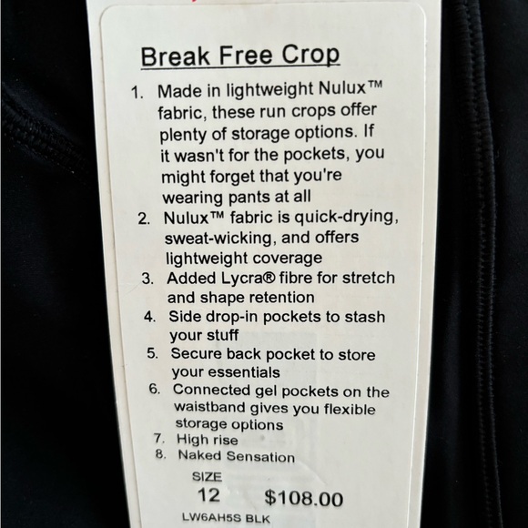 Lululemon black Break Free Crop, 12 NWT - Picture 2 of 3
